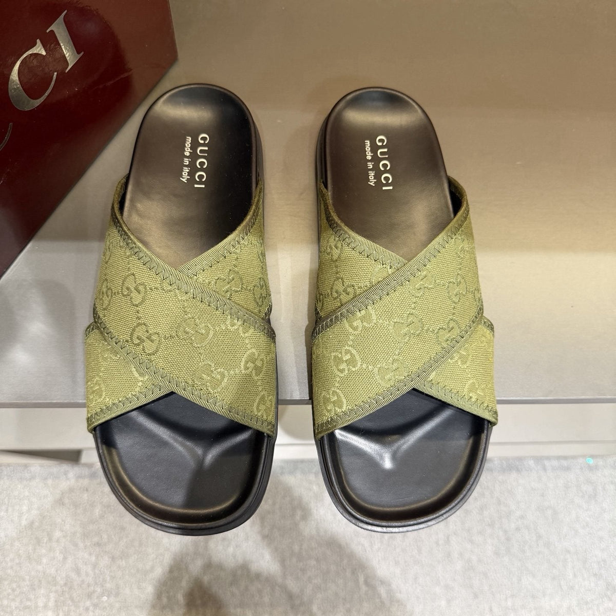 Gucci Men's Patterned Cross-Strap Slide Sandals